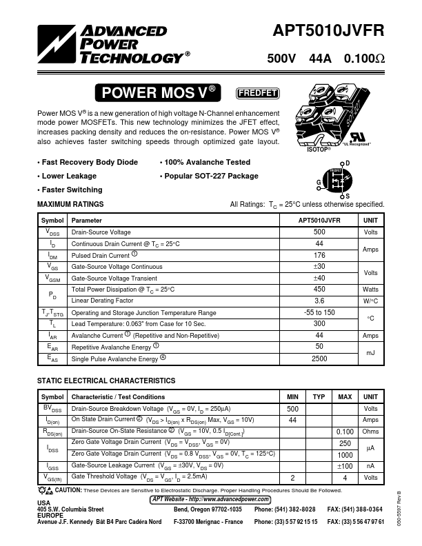 APT5010JVFR Advanced Power Technology