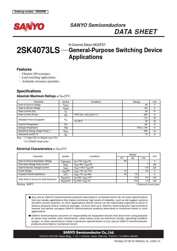 2SK4073LS Sanyo Semicon Device