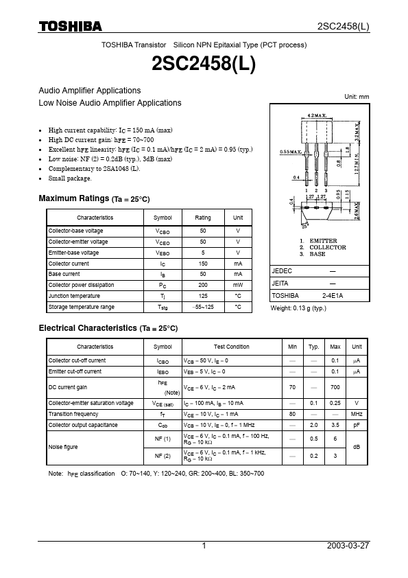 2SC2458L Toshiba Semiconductor