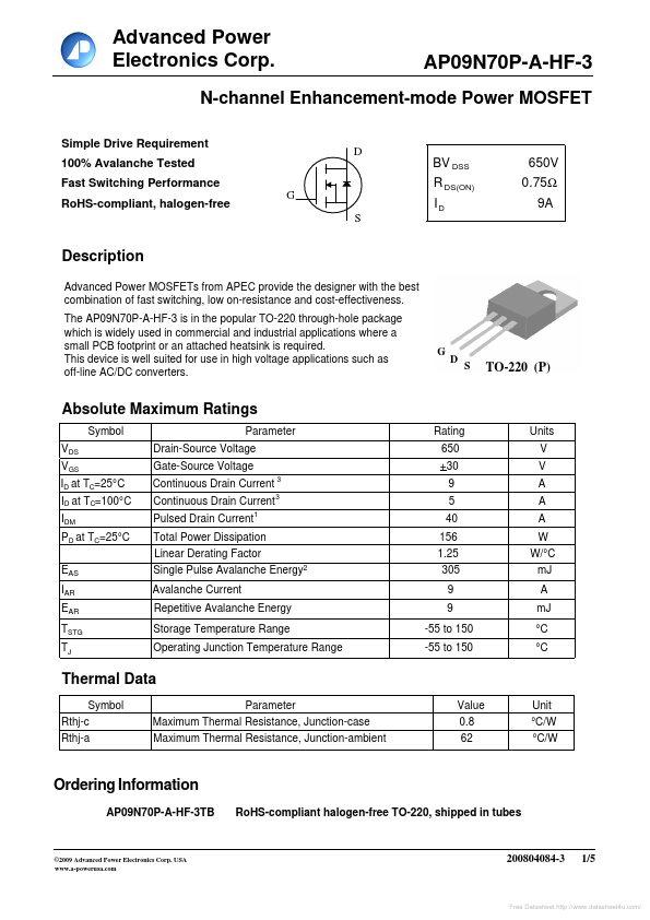 AP09N70P-A-HF-3 Advanced Power Electronics