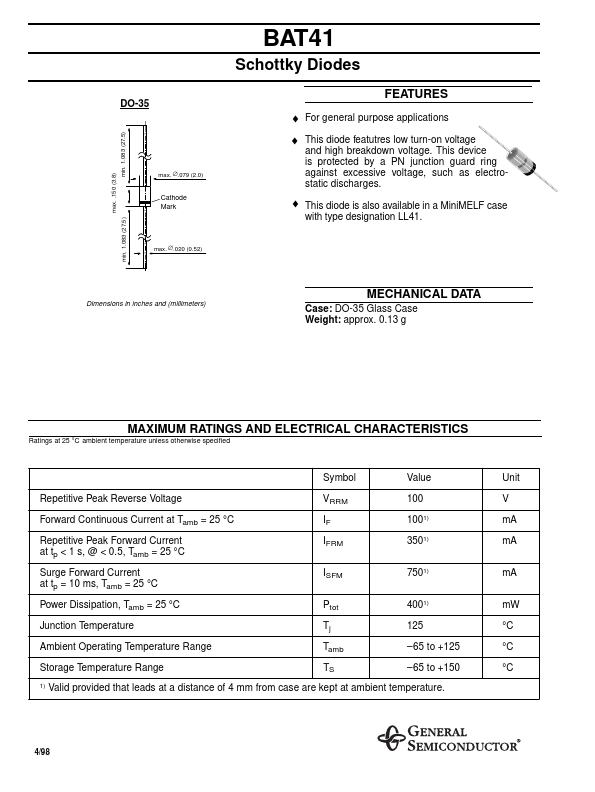 BAT41 Data Sheet | General Semiconductor