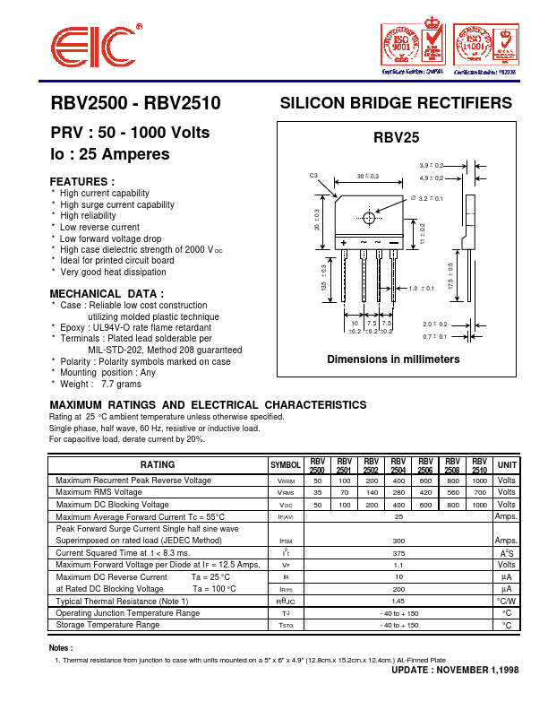 RBV2508 EIC discrete Semiconductors