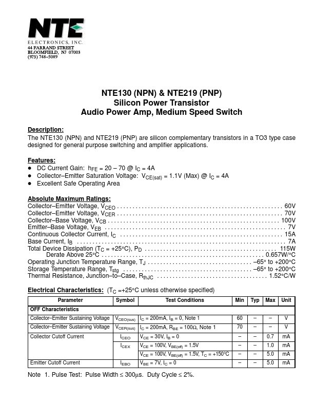 <?=NTE130?> डेटा पत्रक पीडीएफ