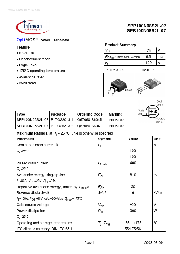 SPB100N08S2L-07 Infineon Technologies