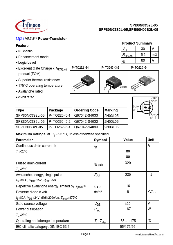 SPP80N03S2L-05 Infineon Technologies