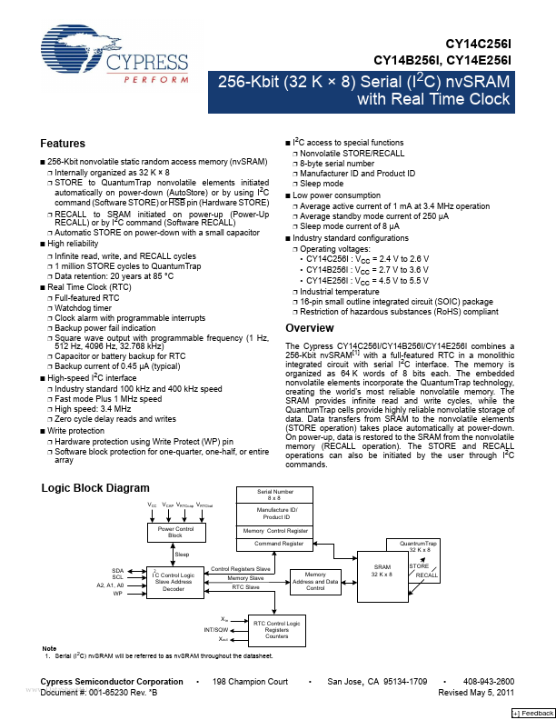 <?=CY14C256I?> डेटा पत्रक पीडीएफ