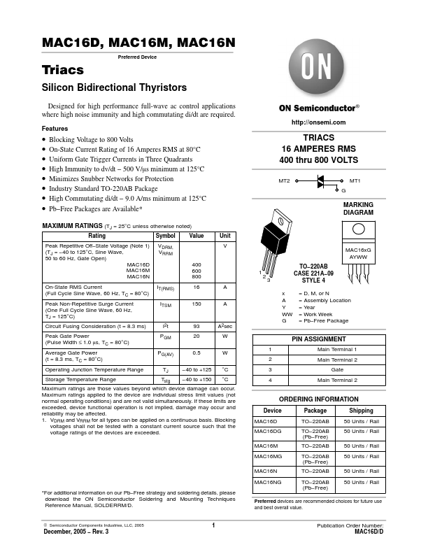 MAC16N ON Semiconductor