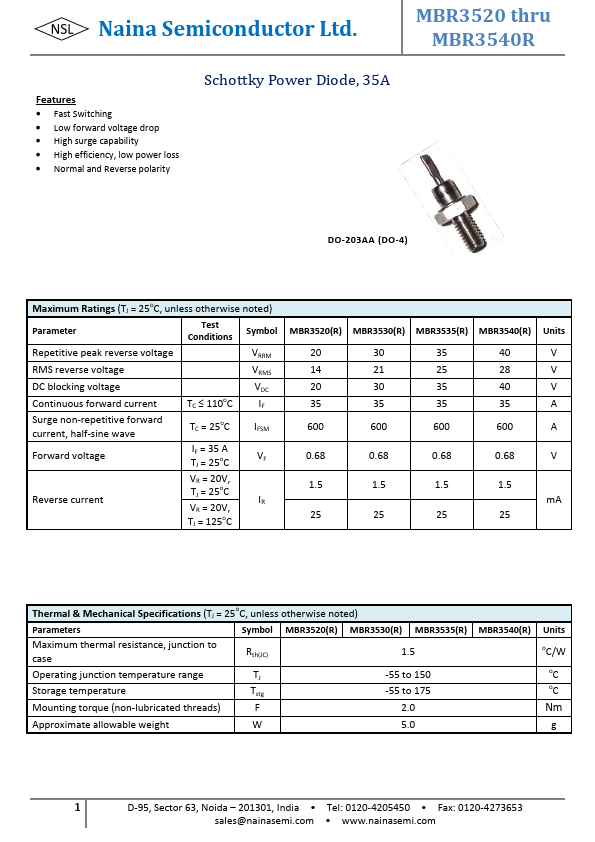 MBR3540 Naina Semiconductor