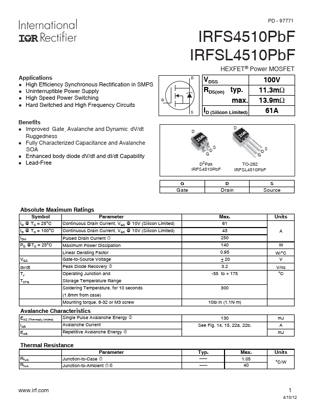 IRFS4510PbF International Rectifier