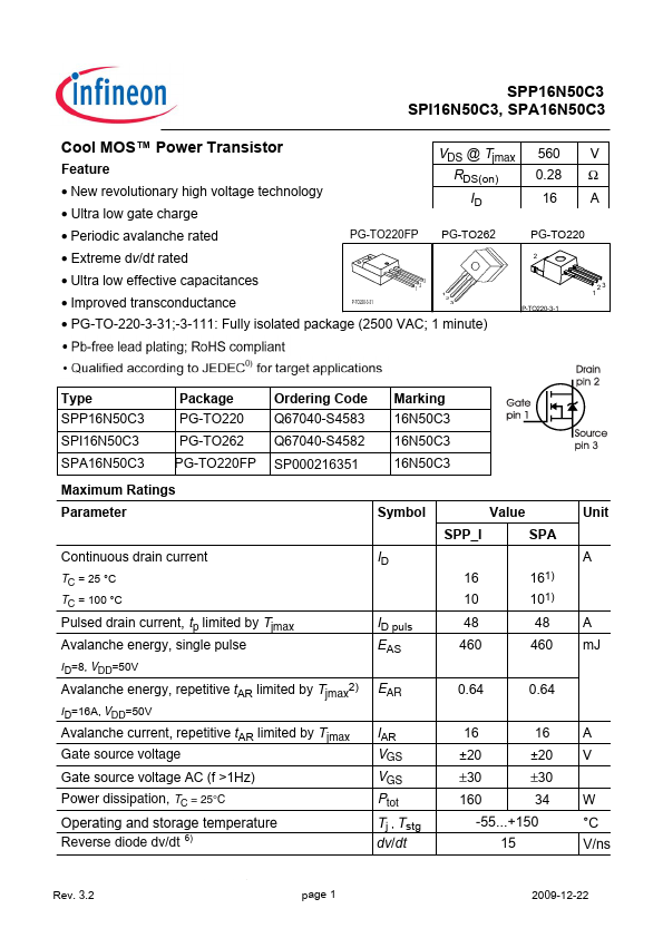 SPP16N50C3 Infineon Technologies