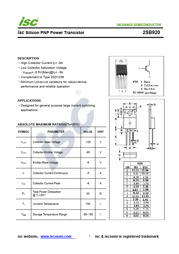 2SB920 Inchange Semiconductor