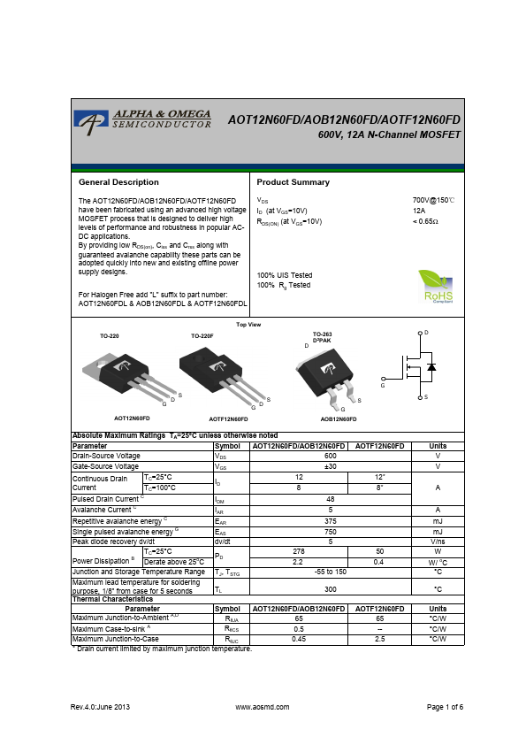 <?=AOB12N60FD?> डेटा पत्रक पीडीएफ