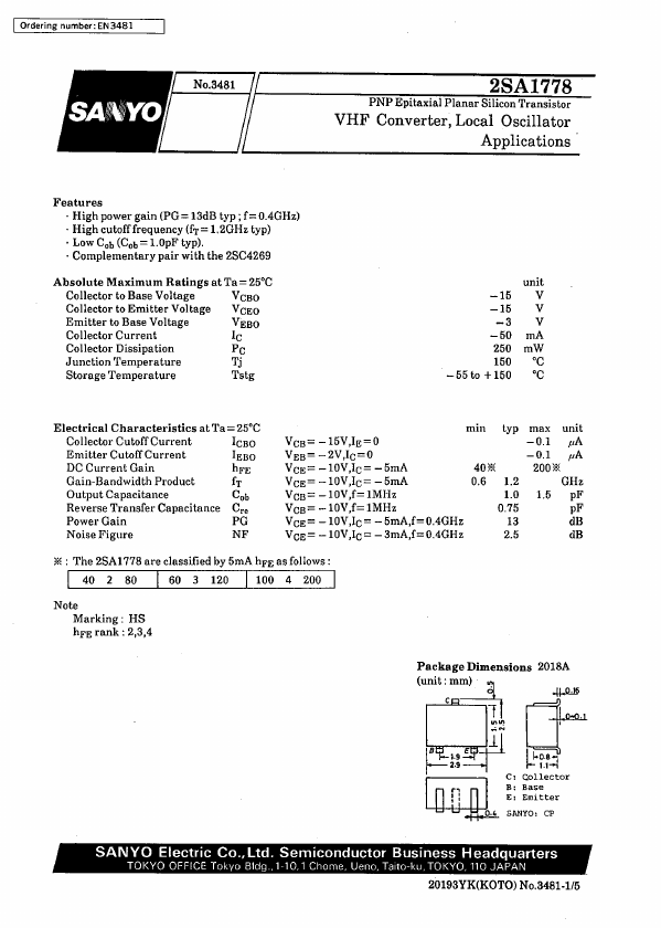 2SA1778 Sanyo Semicon Device