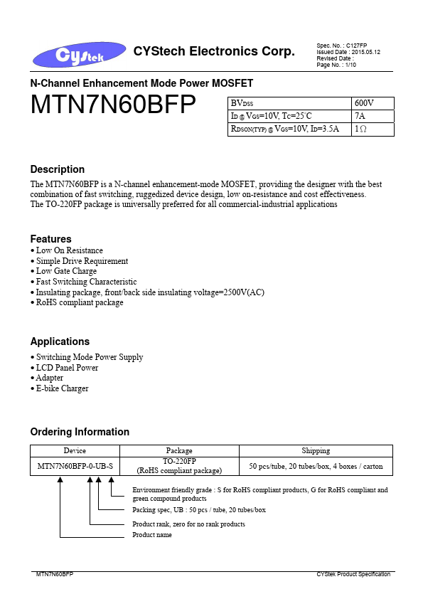 <?=MTN7N60BFP?> डेटा पत्रक पीडीएफ