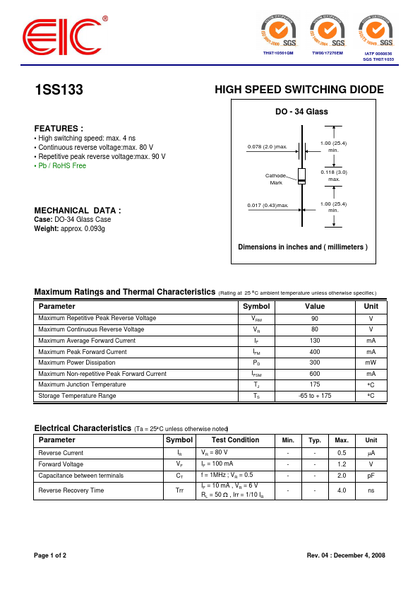 1SS133 DIODE Datasheet pdf - SWITCHING DIODE. Equivalent, Catalog