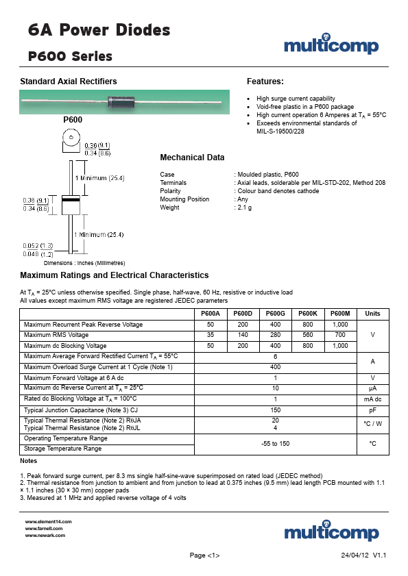 P600M Diodes Datasheet pdf - Power Diodes. Equivalent, Catalog