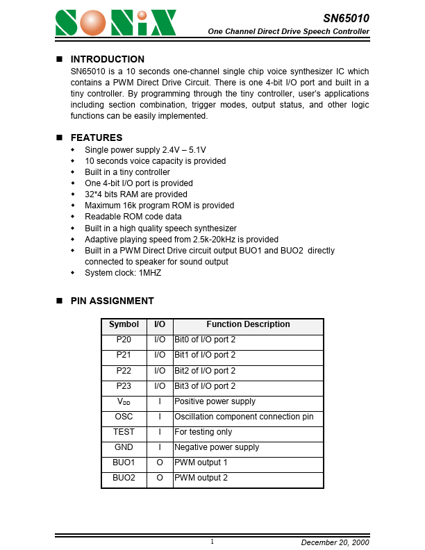 SN65010 SONiX Technology Company