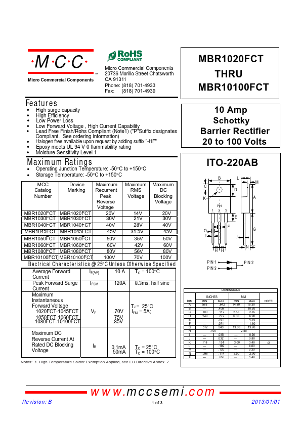 MBR10100FCT MCC