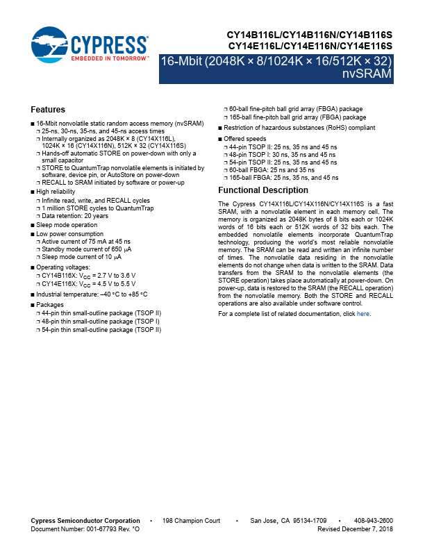 CY14B116S Cypress Semiconductor