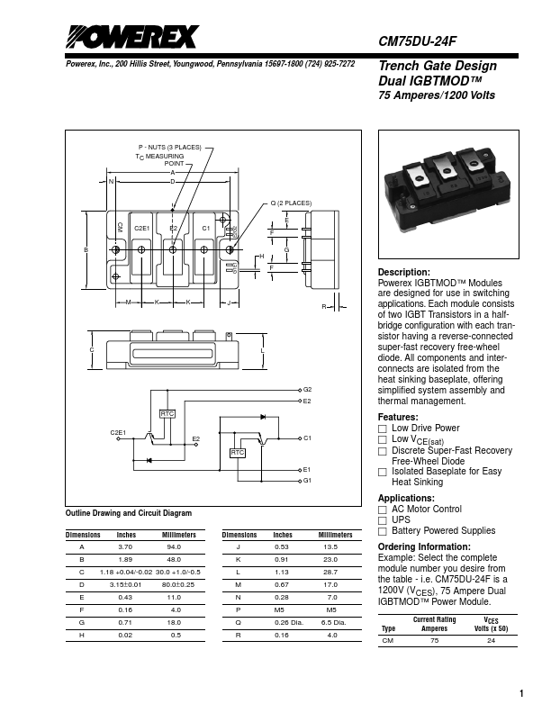 CM75DU-24F Powerex Power Semiconductors