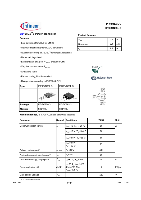 IPP034N03LG Infineon Technologies AG