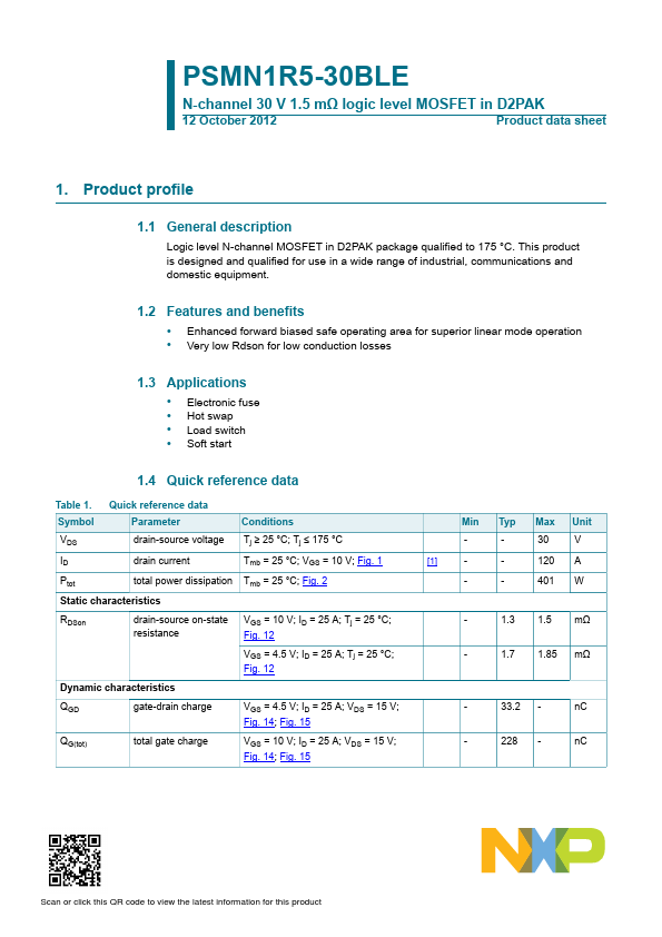 <?=PSMN1R5-30BLE?> डेटा पत्रक पीडीएफ