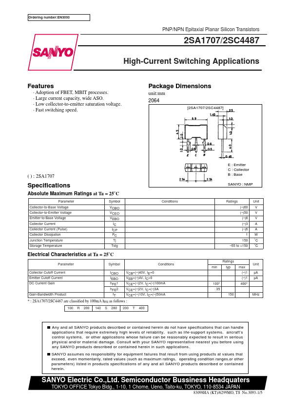 A1707 Sanyo Semicon Device