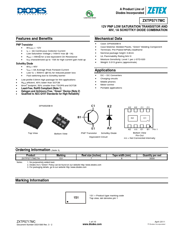 ZXTPS717MCTA Datasheet - 12V PNP LOW SATURATION TRANSISTOR AND 1A 