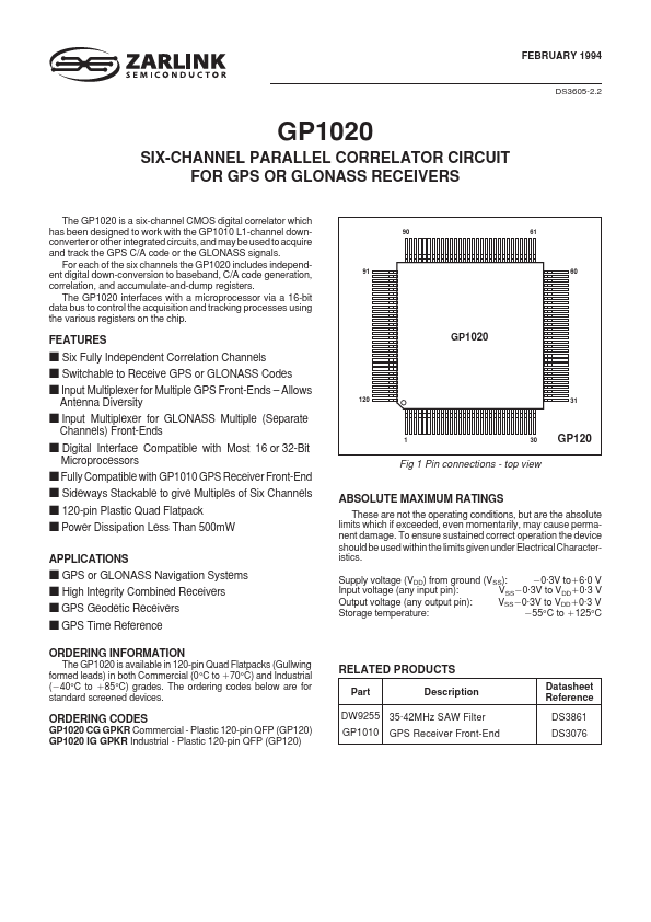 GP1020CGGPKR Zarlink Semiconductor Inc