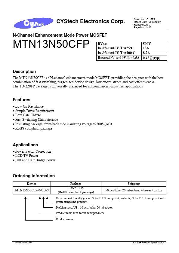 <?=MTN13N50CFP?> डेटा पत्रक पीडीएफ