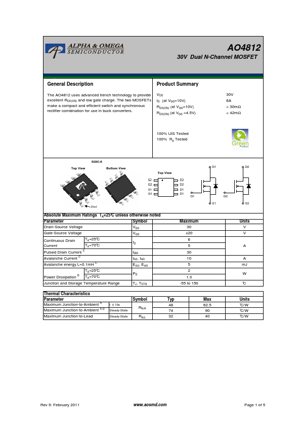 AO4812 Alpha & Omega Semiconductors