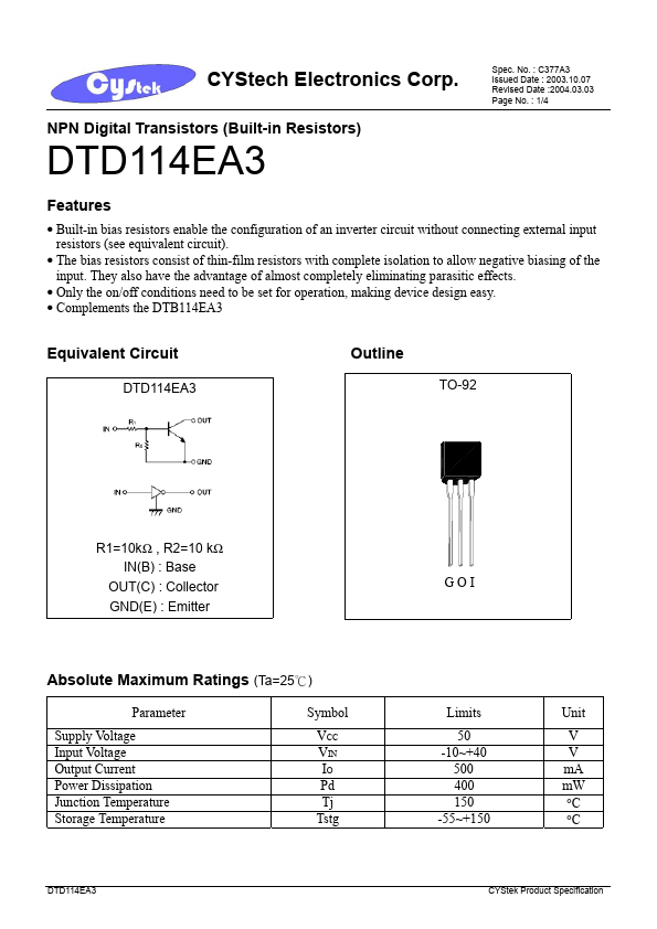 DTD114EA3 Cystech Electonics