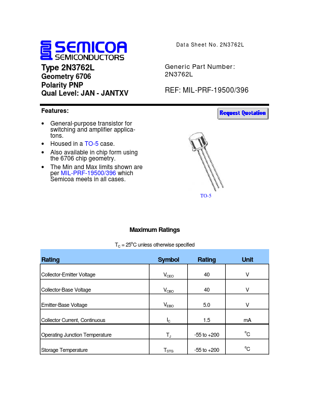 2N3762L Semicoa Semiconductor