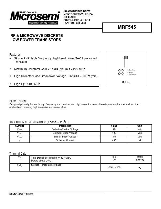 MRF545 Microsemi Corporation