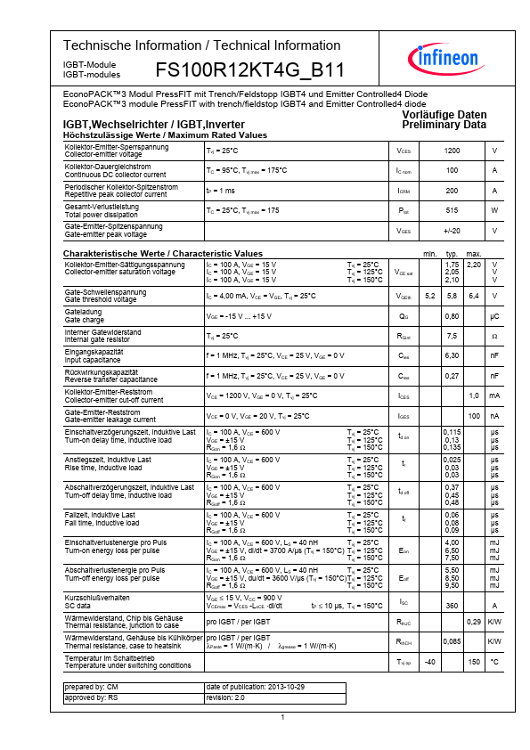 <?=FS100R12KT4G_B11?> डेटा पत्रक पीडीएफ