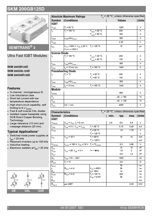 <?=SKM200GAL125D?> डेटा पत्रक पीडीएफ