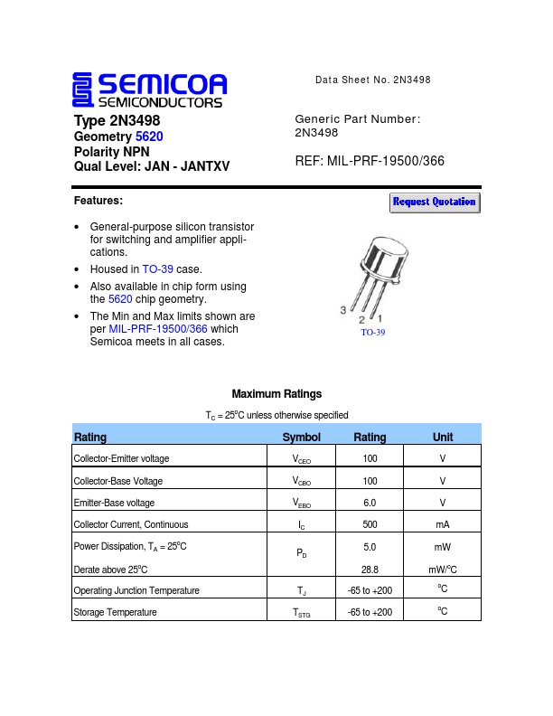 2N3498 Semicoa Semiconductor