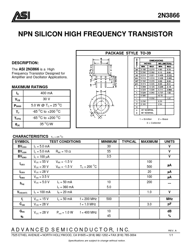 2N3866 Advanced Semiconductor