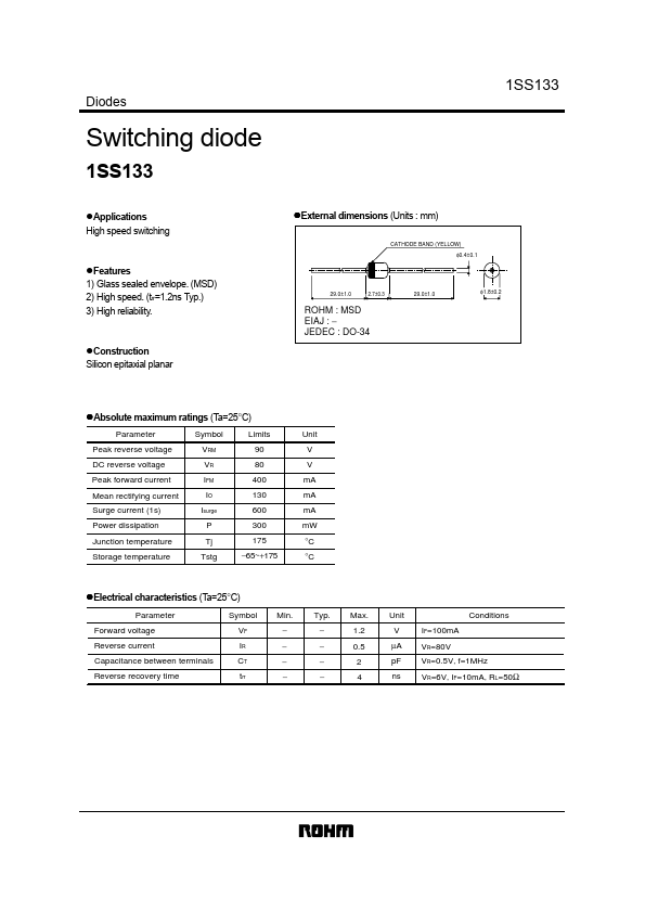 1SS133 diode Datasheet pdf - Switching diode. Equivalent, Catalog