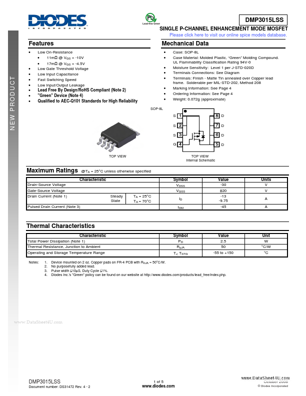 DMP3015LSS Diodes Incorporated