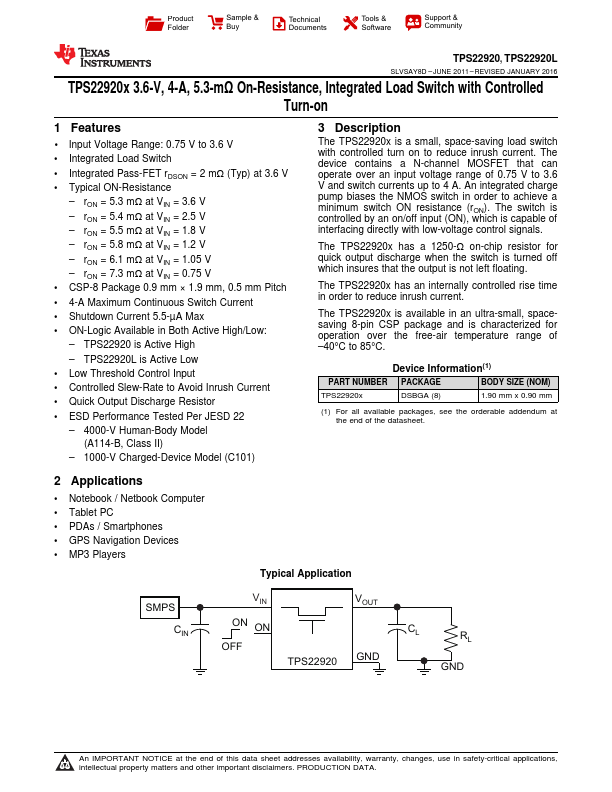 TPS22920L Texas Instruments