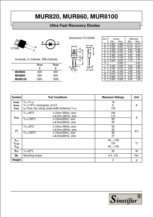 MUR860 Diodes Datasheet pdf - Recovery Diodes. Equivalent, Catalog