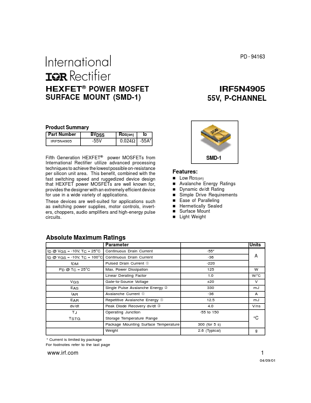 <?=IRF5N4905?> डेटा पत्रक पीडीएफ