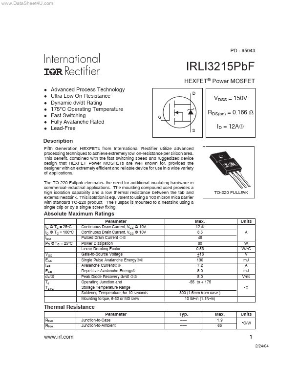 <?=IRLI3215PBF?> डेटा पत्रक पीडीएफ