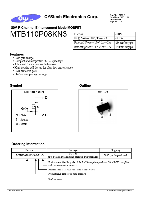 MTB110P08KN3 Cystech Electonics
