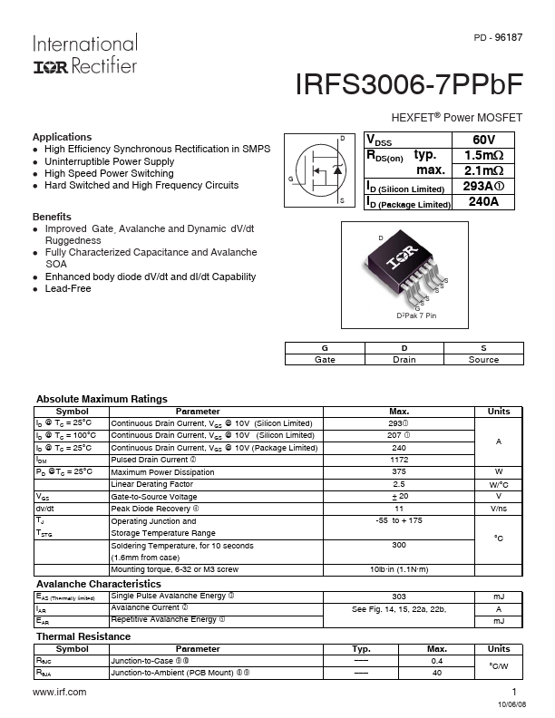 <?=IRFS3006-7PPbF?> डेटा पत्रक पीडीएफ