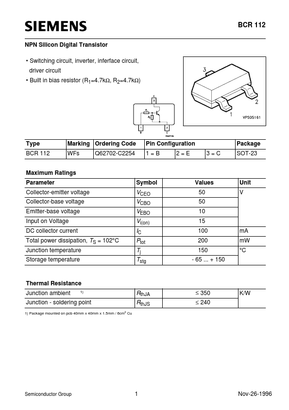 BCR112 Siemens Semiconductor Group