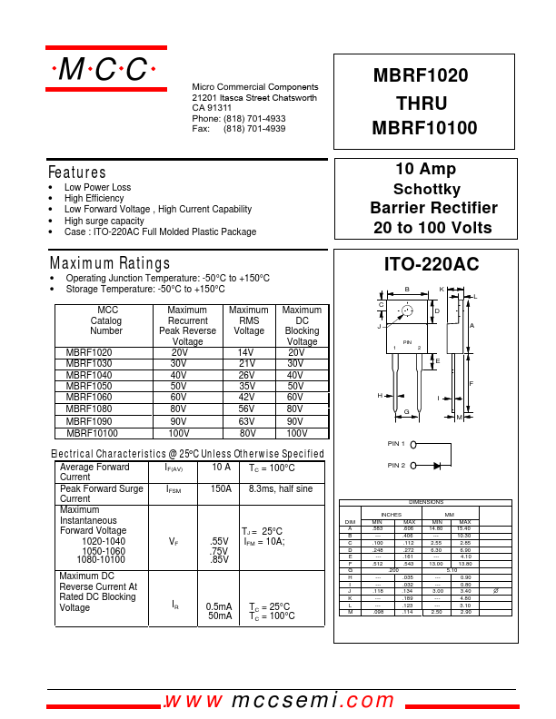 MBRF10100 Micro Commercial Components