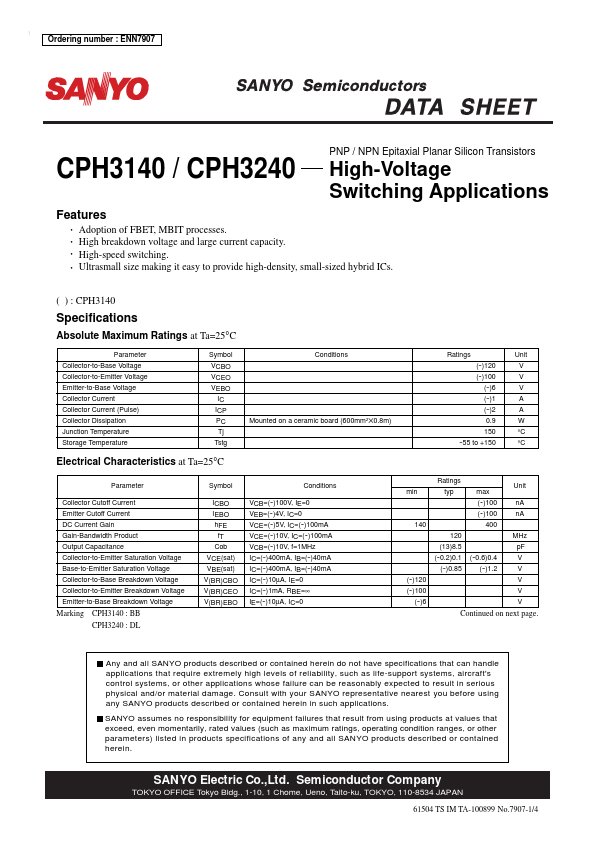 CPH3240 Sanyo Semicon Device