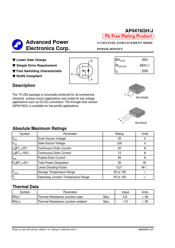 AP4416GH Advanced Power Electronics